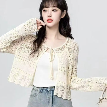 Flare Stash Long Sleeve Knit Cardigan Airy Lace Cover-Up