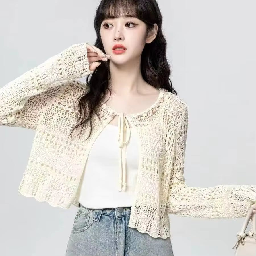 Flare Stash Long Sleeve Knit Cardigan Airy Lace Cover-Up