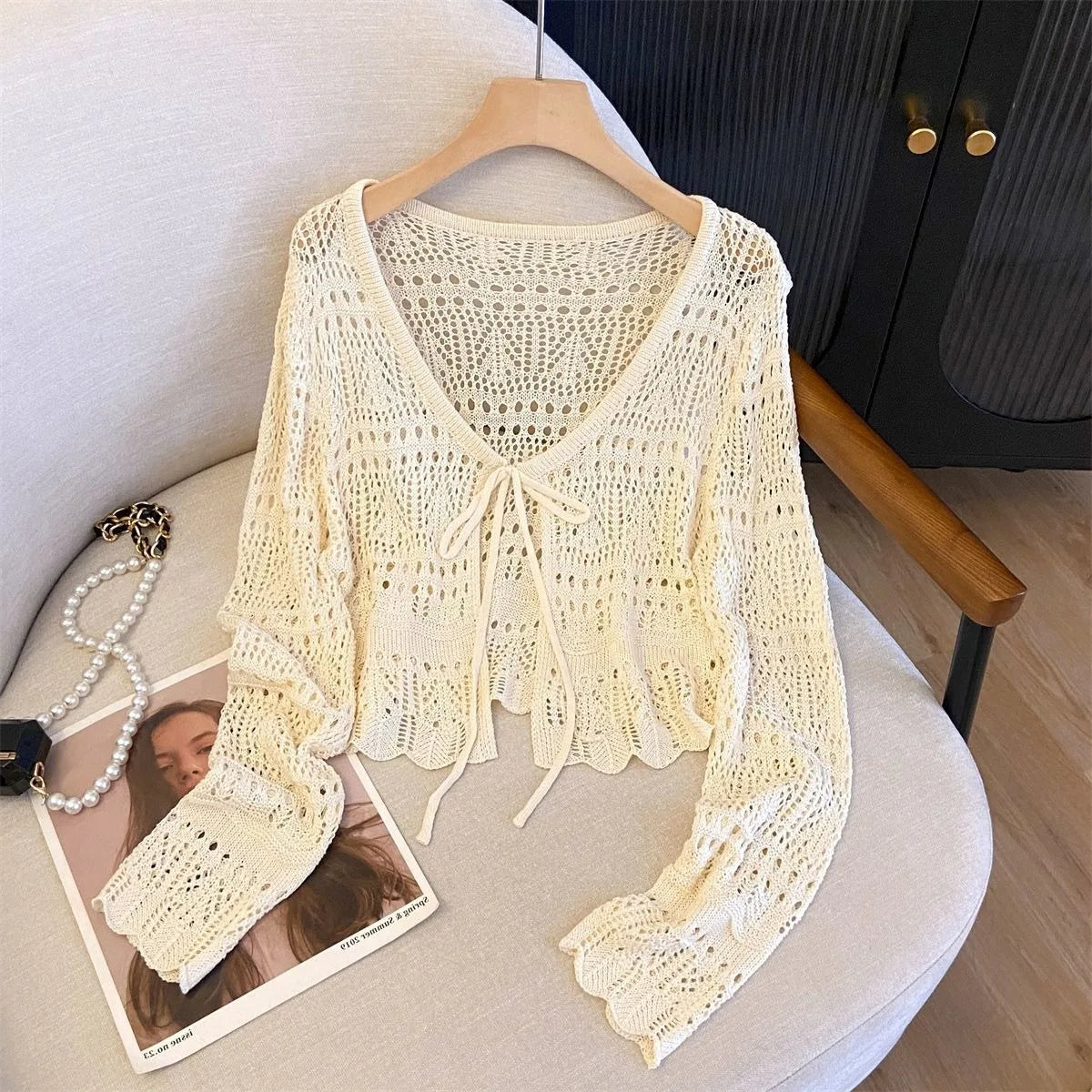 Flare Stash Long Sleeve Knit Cardigan Airy Lace Cover-Up