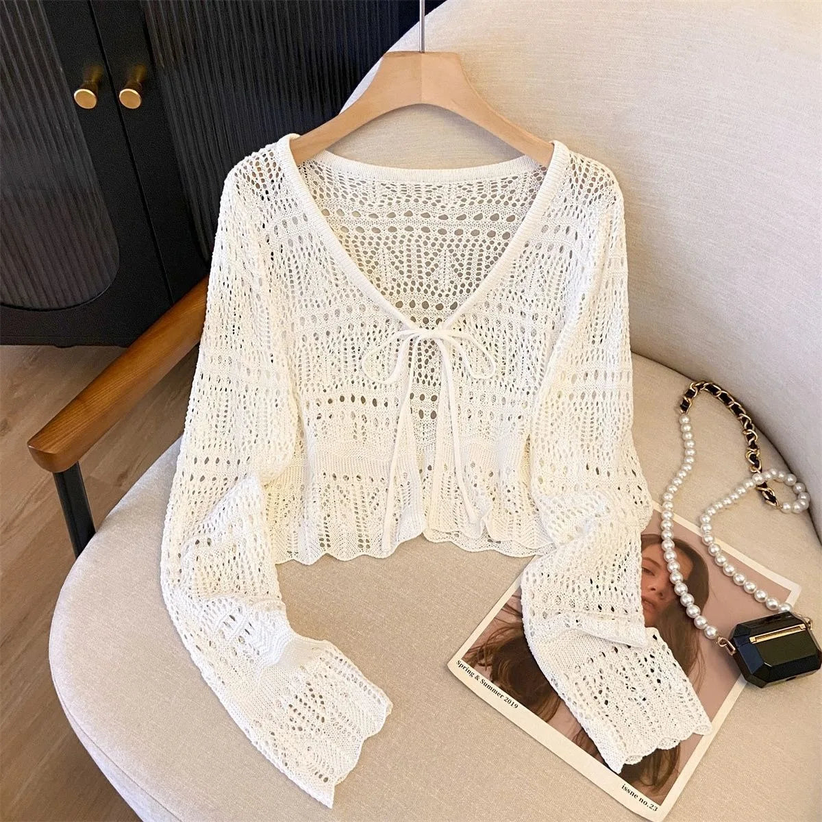Flare Stash Long Sleeve Knit Cardigan Airy Lace Cover-Up