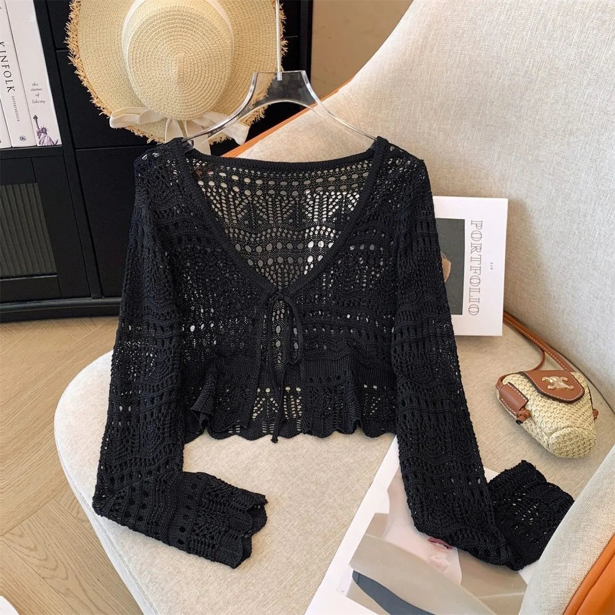 Flare Stash Long Sleeve Knit Cardigan Airy Lace Cover-Up