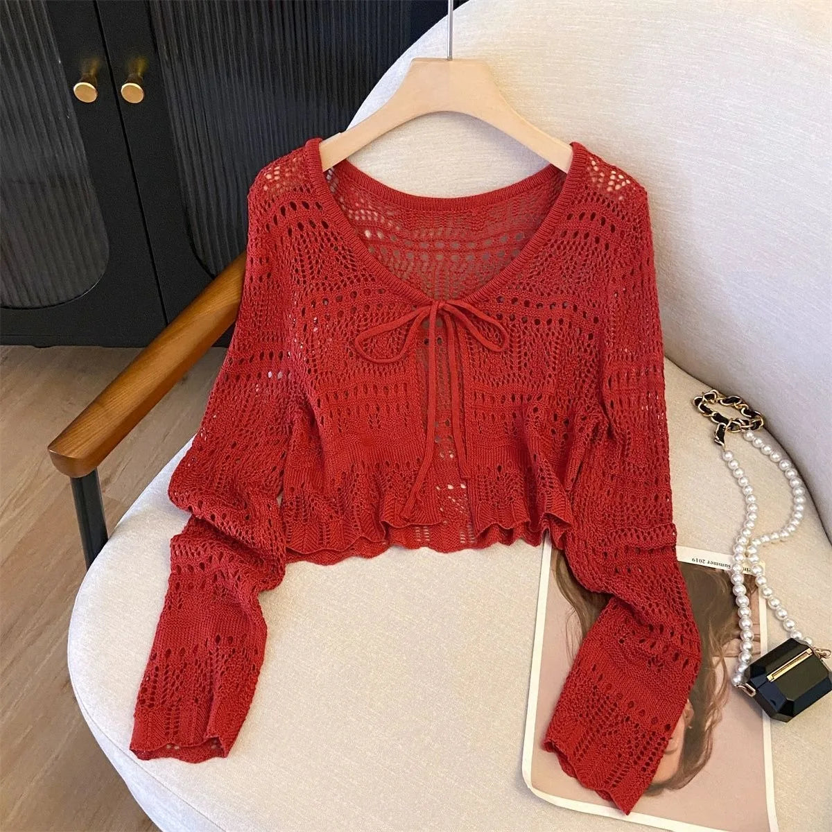 Flare Stash Long Sleeve Knit Cardigan Airy Lace Cover-Up
