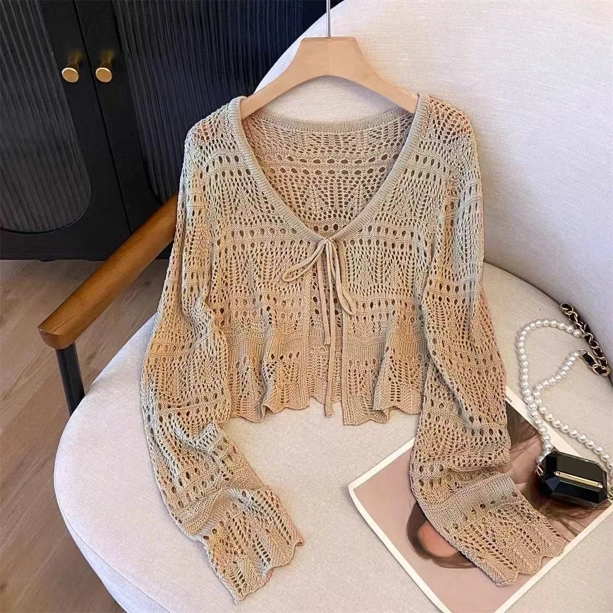 Flare Stash Long Sleeve Knit Cardigan Airy Lace Cover-Up